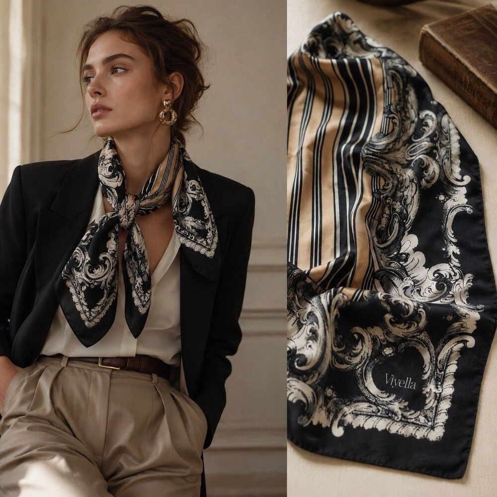 Vintage Viyella Scarf 34x33 Baroque Scroll Stripe Hand Rolled Hem Old Money Chic